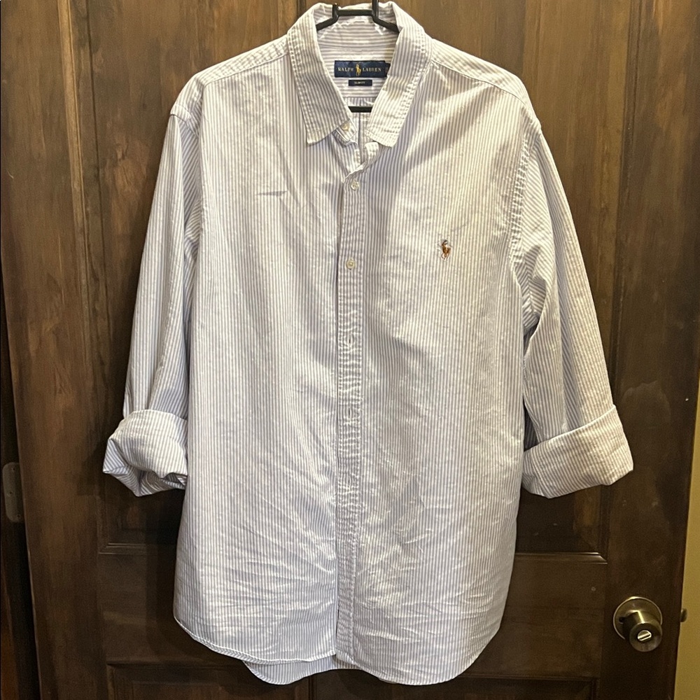 Polo by Ralph Lauren Men's White and Blue Pinstripe Shirt